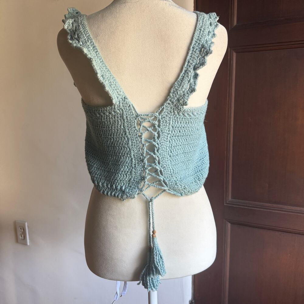 Vintage Handmade | Paste Blue Cotton Knit Crop Top with Corset back | Medium - Picture 3 of 3